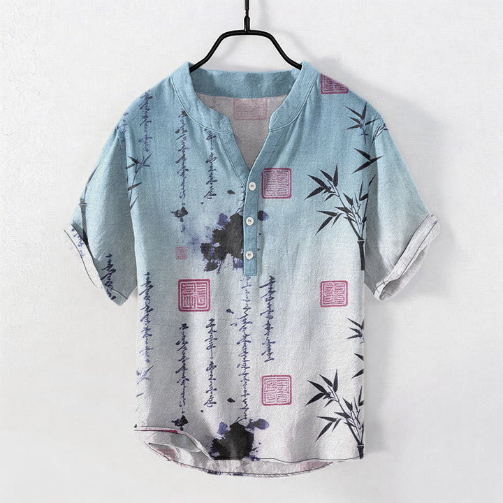 Buddha Stones Cotton Gradient Calligraphy Bamboo Ink Painting Pattern Men's Short Sleeve Half Button Shirt - LightBlue - US/UK/AU50，EU60 (5XL) - image 4