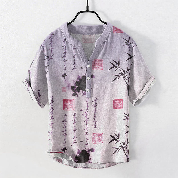 Buddha Stones Cotton Gradient Calligraphy Bamboo Ink Painting Pattern Men's Short Sleeve Half Button Shirt - MediumPurple - US/UK/AU50，EU60 (5XL) - image 6