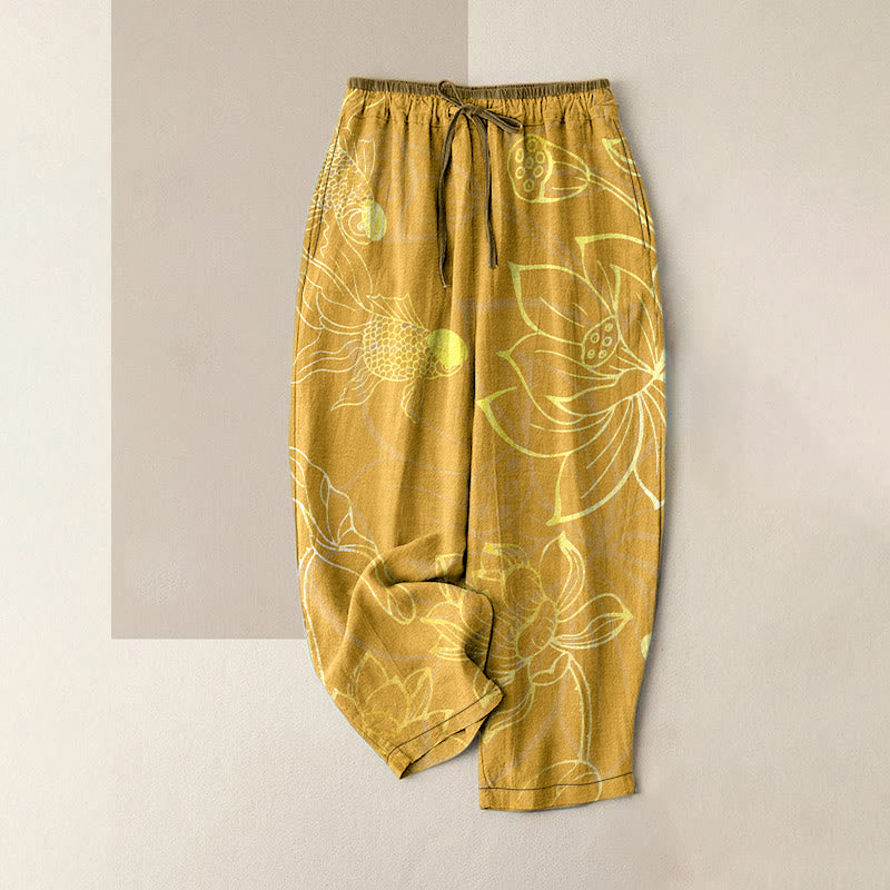Buddha Stones Cotton Casual Lotus Leaf Koi Fish Pattern Women's Elastic Waist Pants With Pockets - Gold - US16，UK/AU20，EU48 (3XL) - image 5