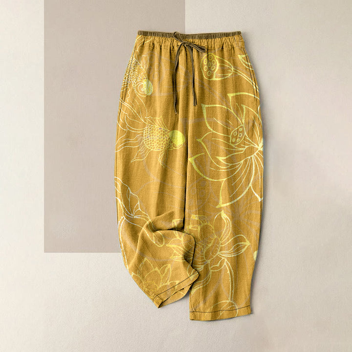 Buddha Stones Cotton Casual Lotus Leaf Koi Fish Pattern Women's Elastic Waist Pants With Pockets - Gold - US16，UK/AU20，EU48 (3XL) - image 5