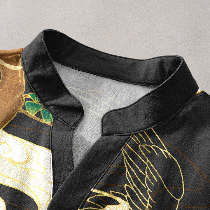 Buddha Stones Cotton Crane Auspicious Clouds Pine Pattern Men's Short Sleeve Half Button Shirt - image 2