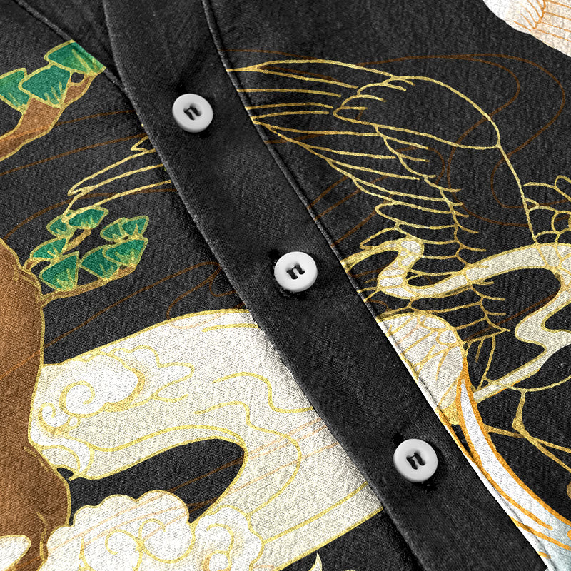 Buddha Stones Cotton Crane Auspicious Clouds Pine Pattern Men's Short Sleeve Half Button Shirt - image 3