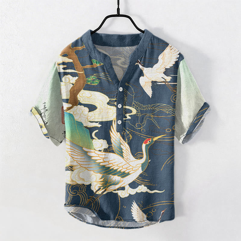 Buddha Stones Cotton Crane Auspicious Clouds Pine Pattern Men's Short Sleeve Half Button Shirt - SteelBlue - US/UK/AU50，EU60 (5XL) - image 4