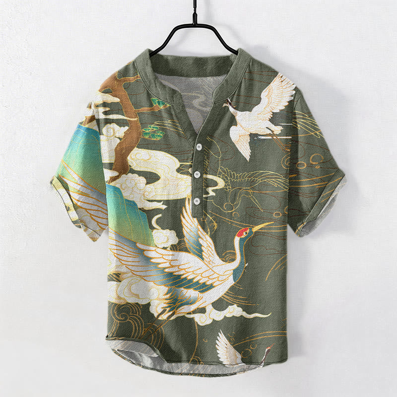 Buddha Stones Cotton Crane Auspicious Clouds Pine Pattern Men's Short Sleeve Half Button Shirt - DarkSeaGreen - US/UK/AU50，EU60 (5XL) - image 6