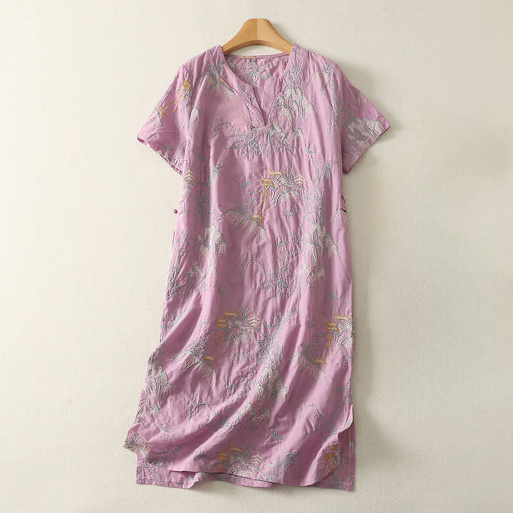 Buddha Stones Summer V-Neck Floral Design Short Sleeve Cotton Midi Dress With Pockets - Plum - US8-10，UK/AU12-14，EU40-42 (2XL) - image 0