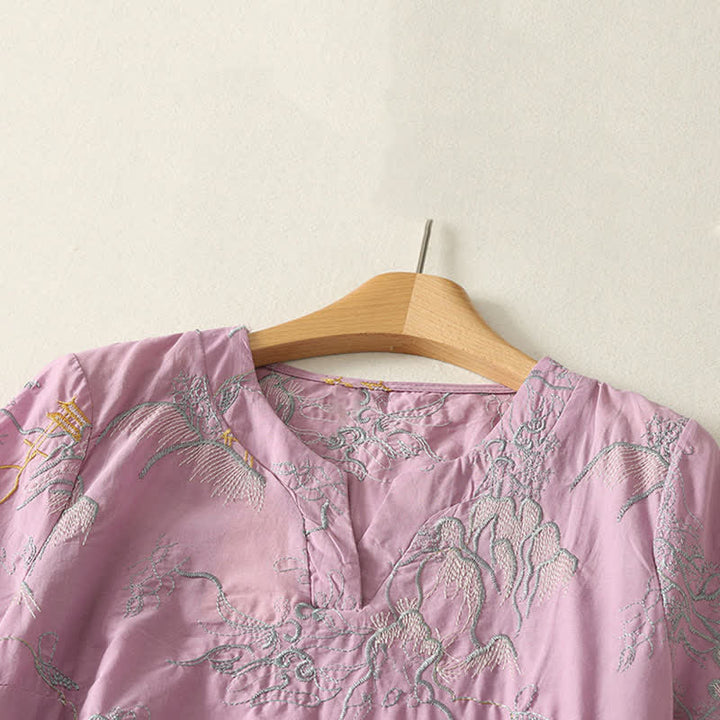 Buddha Stones Summer V-Neck Floral Design Short Sleeve Cotton Midi Dress With Pockets - image 2