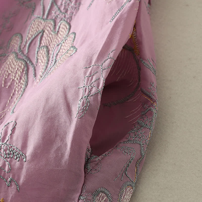 Buddha Stones Summer V-Neck Floral Design Short Sleeve Cotton Midi Dress With Pockets - image 4