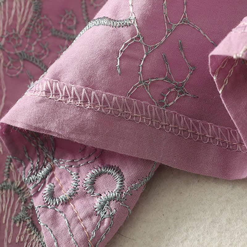 Buddha Stones Summer V-Neck Floral Design Short Sleeve Cotton Midi Dress With Pockets - image 9