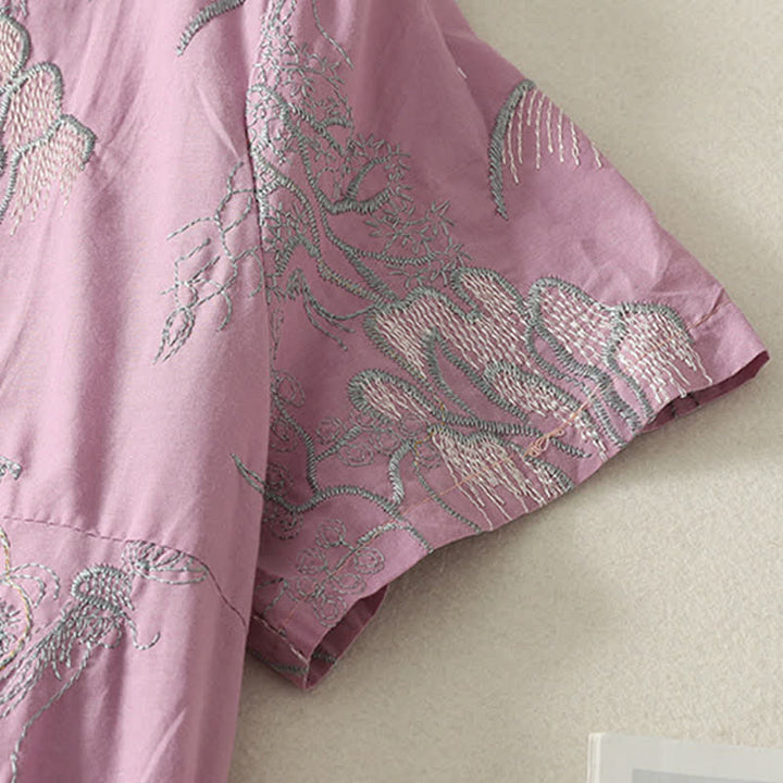 Buddha Stones Summer V-Neck Floral Design Short Sleeve Cotton Midi Dress With Pockets - image 5