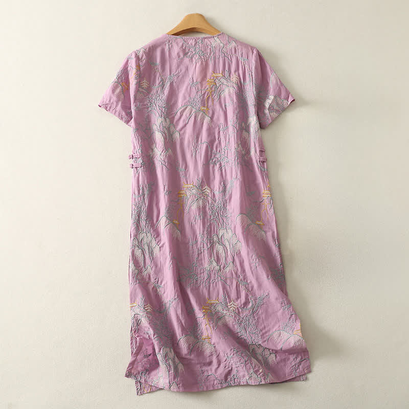 Buddha Stones Summer V-Neck Floral Design Short Sleeve Cotton Midi Dress With Pockets - image 1