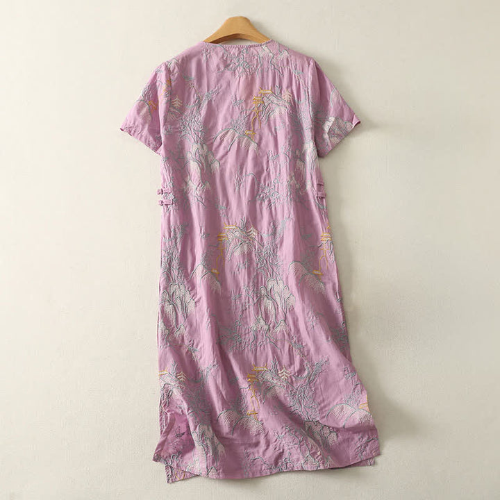 Buddha Stones Summer V-Neck Floral Design Short Sleeve Cotton Midi Dress With Pockets - image 1