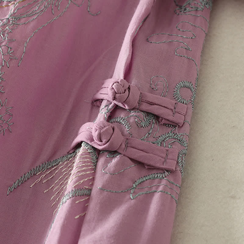 Buddha Stones Summer V-Neck Floral Design Short Sleeve Cotton Midi Dress With Pockets - image 6