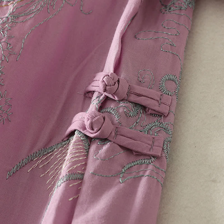 Buddha Stones Summer V-Neck Floral Design Short Sleeve Cotton Midi Dress With Pockets - image 6