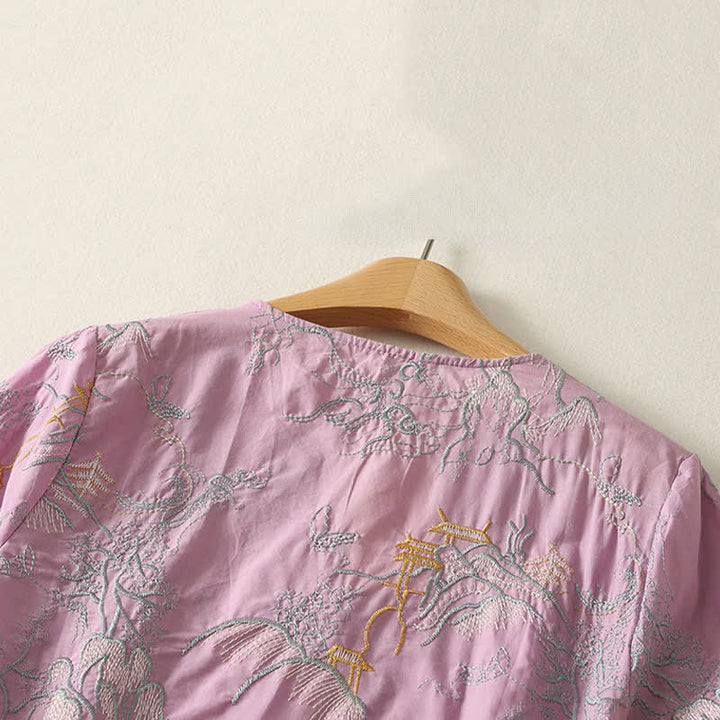 Buddha Stones Summer V-Neck Floral Design Short Sleeve Cotton Midi Dress With Pockets - image 3