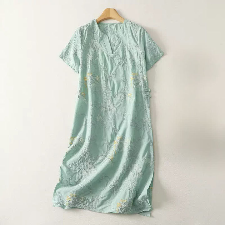 Buddha Stones Summer V-Neck Floral Design Short Sleeve Cotton Midi Dress With Pockets - PaleTurquoise - US8-10，UK/AU12-14，EU40-42 (2XL) - image 11