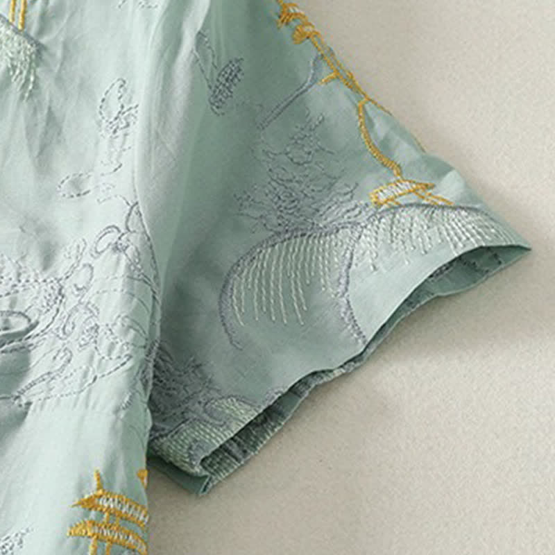 Buddha Stones Summer V-Neck Floral Design Short Sleeve Cotton Midi Dress With Pockets - image 14