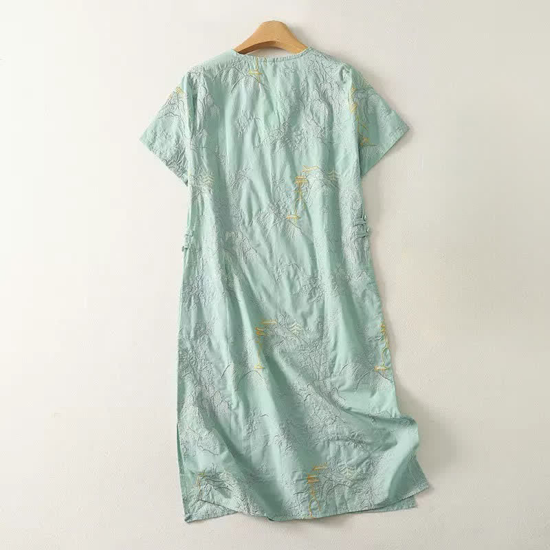 Buddha Stones Summer V-Neck Floral Design Short Sleeve Cotton Midi Dress With Pockets - image 12