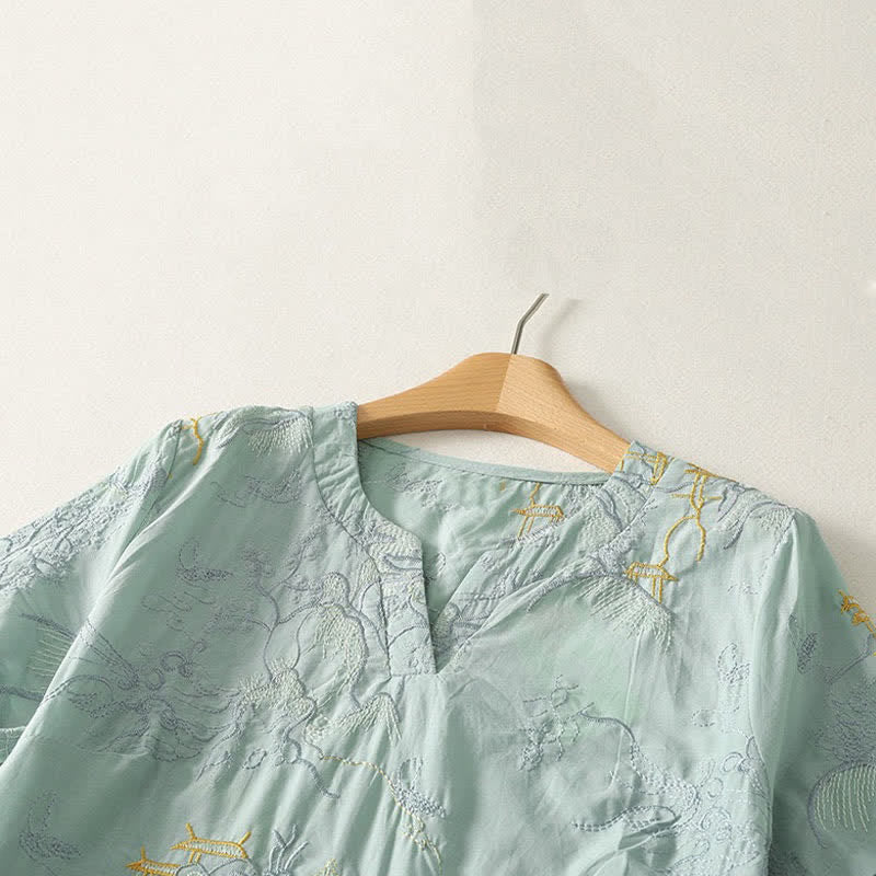 Buddha Stones Summer V-Neck Floral Design Short Sleeve Cotton Midi Dress With Pockets - image 13