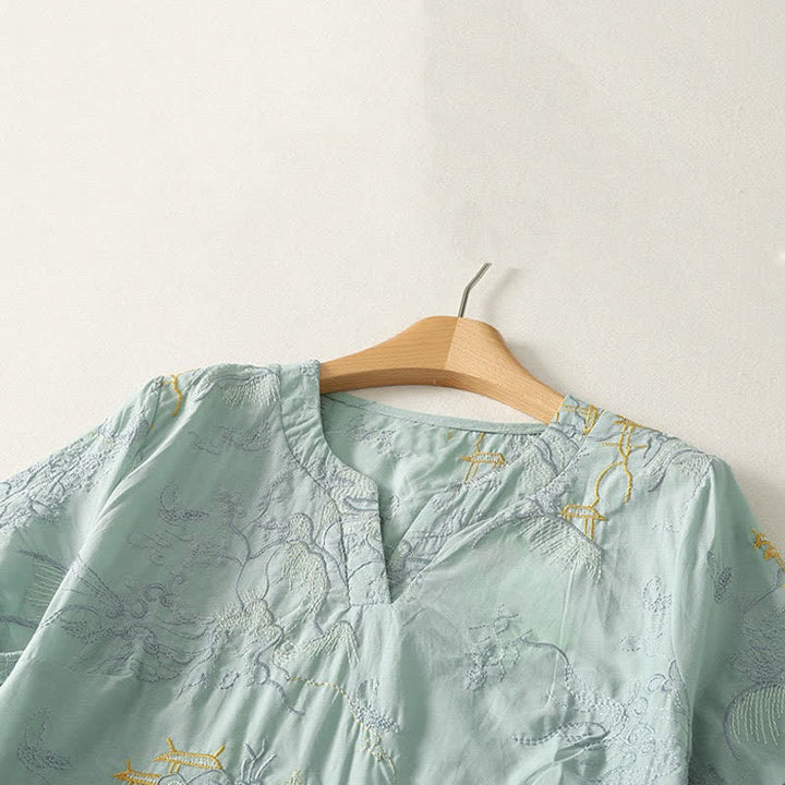 Buddha Stones Summer V-Neck Floral Design Short Sleeve Cotton Midi Dress With Pockets - image 13