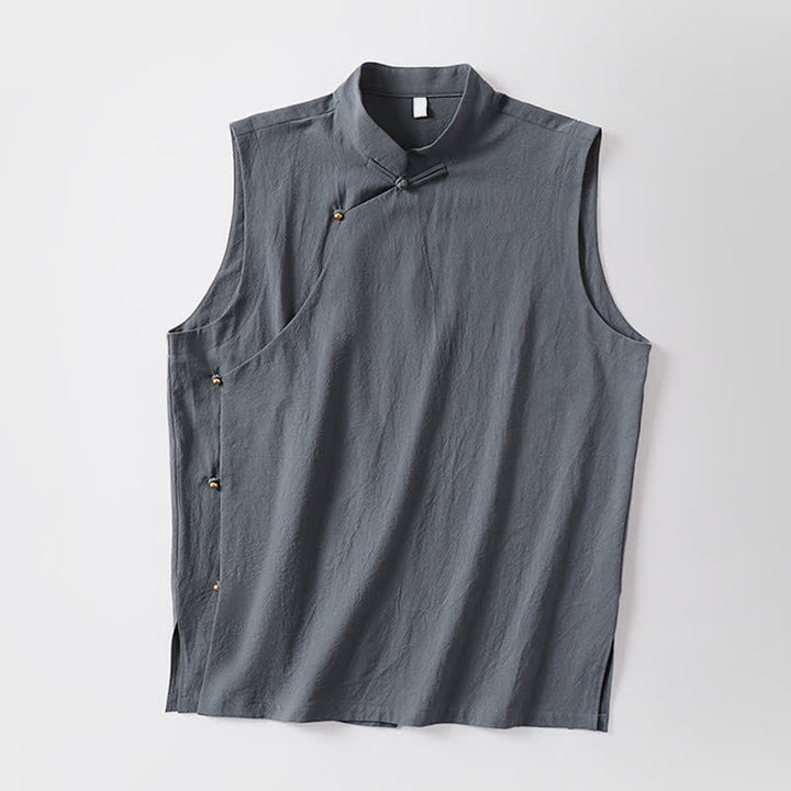 Buddha Stones Summer Solid Color Stand Collar Frog-Button Men's Cotton Linen Sleeveless Vest - image 11