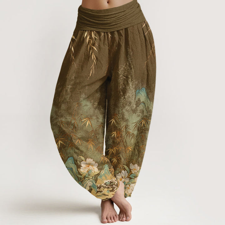 Buddha Stones Cotton Natural Landscape Bamboo Flowers Pattern Women's Elastic Waist Harem Pants - DarkGoldenrod - US16，UK/AU20，EU48 (3XL) - image 8