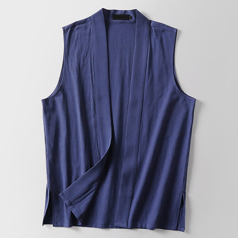 Buddha Stones Spring Pure Color Open Front Design Men's Cotton Linen Sleeveless Kimono - image 16