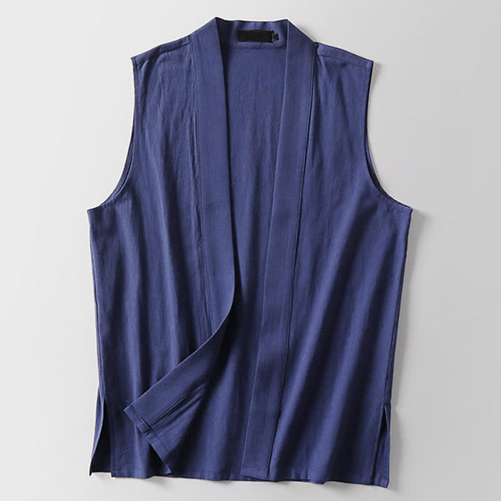 Buddha Stones Spring Pure Color Open Front Design Men's Cotton Linen Sleeveless Kimono - image 16