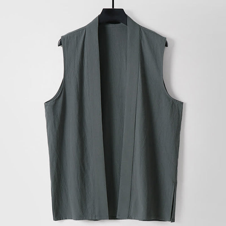 Buddha Stones Spring Pure Color Open Front Design Men's Cotton Linen Sleeveless Kimono - DimGray - US/UK/AU56，EU66(9XL) - image 0