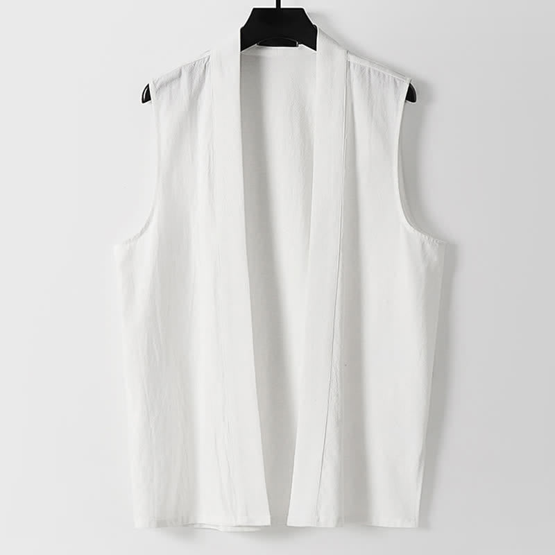 Buddha Stones Spring Pure Color Open Front Design Men's Cotton Linen Sleeveless Kimono - White - US/UK/AU56，EU66(9XL) - image 8