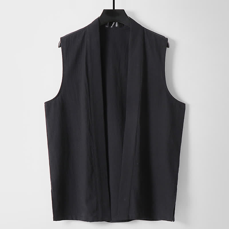Buddha Stones Spring Pure Color Open Front Design Men's Cotton Linen Sleeveless Kimono - Black - US/UK/AU56，EU66(9XL) - image 10