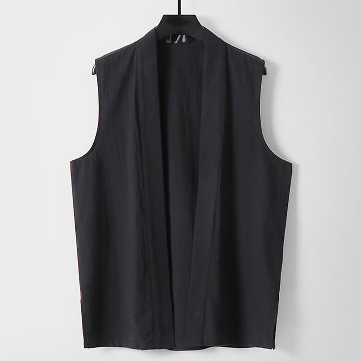 Buddha Stones Spring Pure Color Open Front Design Men's Cotton Linen Sleeveless Kimono - Black - US/UK/AU56，EU66(9XL) - image 10