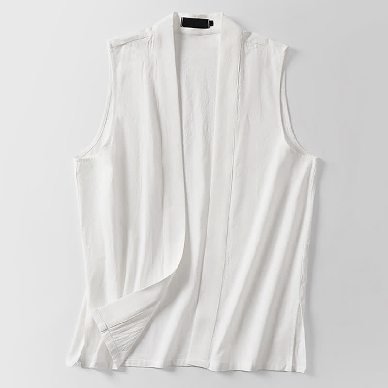 Buddha Stones Spring Pure Color Open Front Design Men's Cotton Linen Sleeveless Kimono - image 9