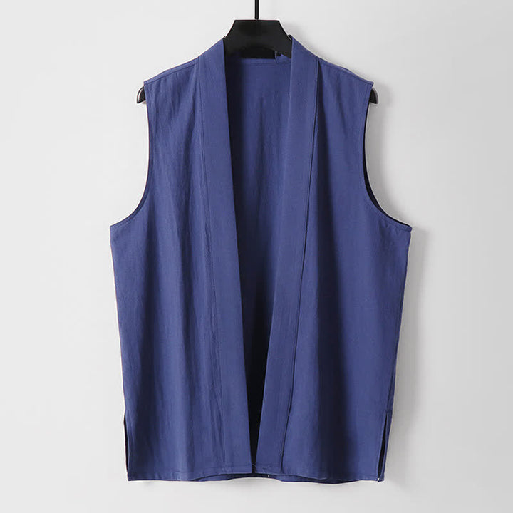 Buddha Stones Spring Pure Color Open Front Design Men's Cotton Linen Sleeveless Kimono - DarkBlue - US/UK/AU56，EU66(9XL) - image 15