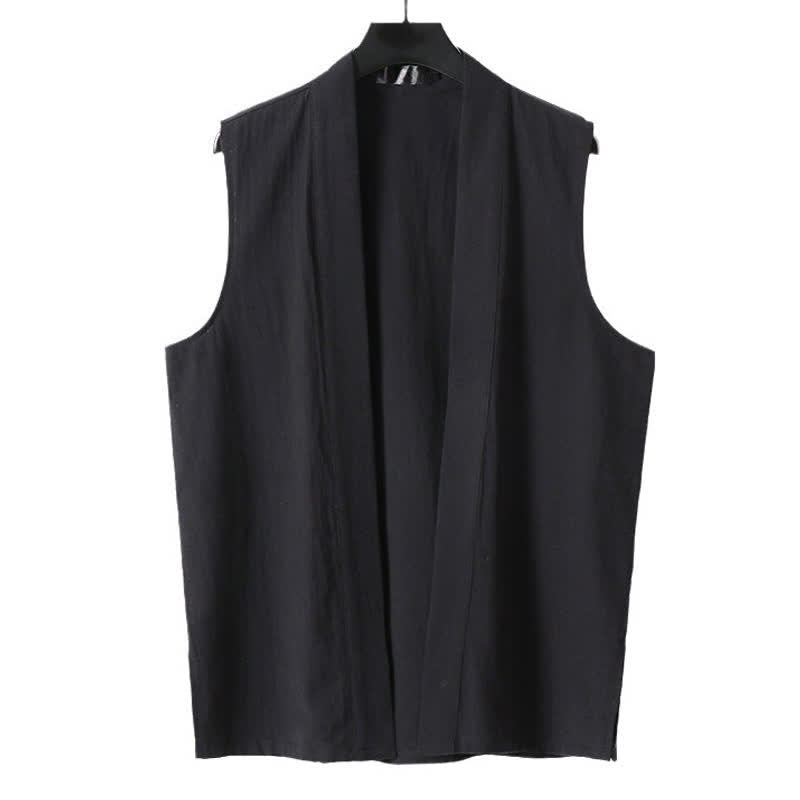 Buddha Stones Spring Pure Color Open Front Design Men's Cotton Linen Sleeveless Kimono - image 12