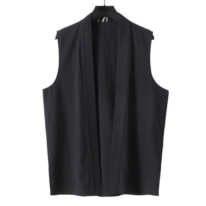 Buddha Stones Spring Pure Color Open Front Design Men's Cotton Linen Sleeveless Kimono - image 12