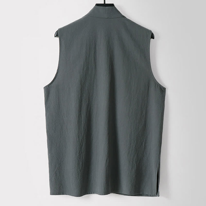 Buddha Stones Spring Pure Color Open Front Design Men's Cotton Linen Sleeveless Kimono - image 1