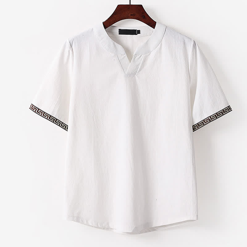 Buddha Stones Summer Embroidered Short Sleeve Notched Collar Men's Cotton Linen T-Shirt - White - US/UK/AU56，EU66(9XL) - image 1