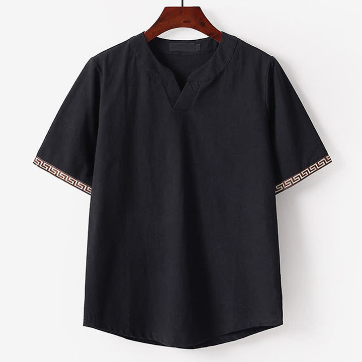 Buddha Stones Summer Embroidered Short Sleeve Notched Collar Men's Cotton Linen T-Shirt - Black - US/UK/AU56，EU66(9XL) - image 3