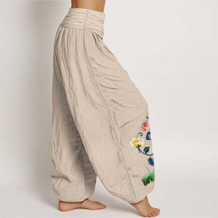 Buddha Stones Cotton Auspicious Peony Flower Butterfly Pattern Women's Elastic Waist Harem Pants - image 15