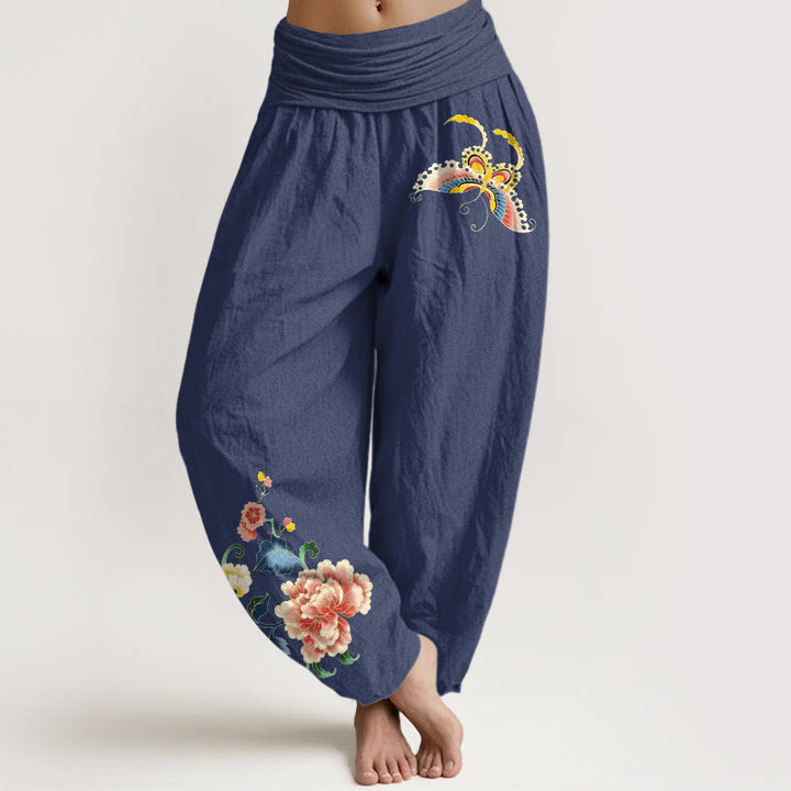 Buddha Stones Cotton Auspicious Peony Flower Butterfly Pattern Women's Elastic Waist Harem Pants - DarkSlateBlue - US16，UK/AU20，EU48 (3XL) - image 8