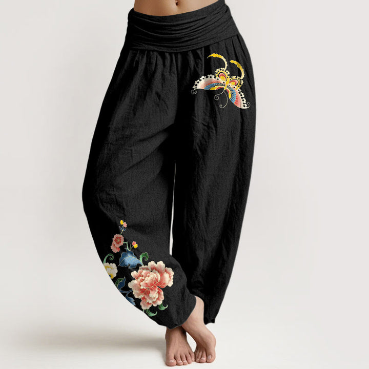 Buddha Stones Cotton Auspicious Peony Flower Butterfly Pattern Women's Elastic Waist Harem Pants - Black - US16，UK/AU20，EU48 (3XL) - image 5