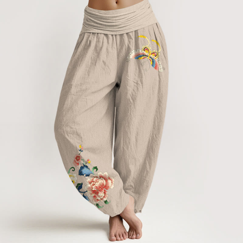 Buddha Stones Cotton Auspicious Peony Flower Butterfly Pattern Women's Elastic Waist Harem Pants - Tan - US16，UK/AU20，EU48 (3XL) - image 14