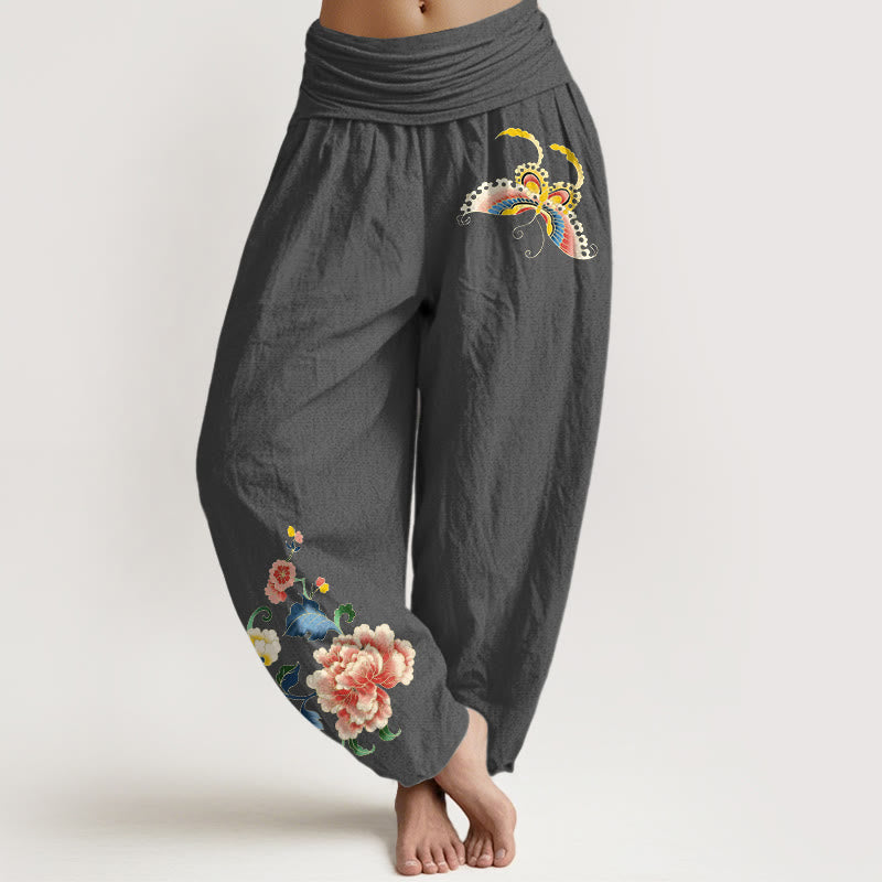 Buddha Stones Cotton Auspicious Peony Flower Butterfly Pattern Women's Elastic Waist Harem Pants - DimGray - US16，UK/AU20，EU48 (3XL) - image 11