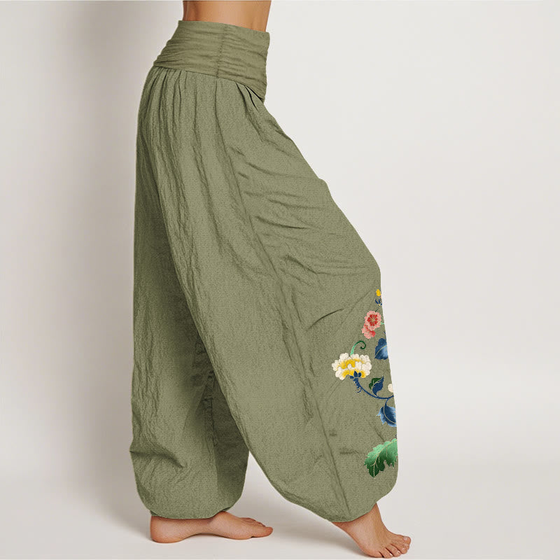 Buddha Stones Cotton Auspicious Peony Flower Butterfly Pattern Women's Elastic Waist Harem Pants - image 1