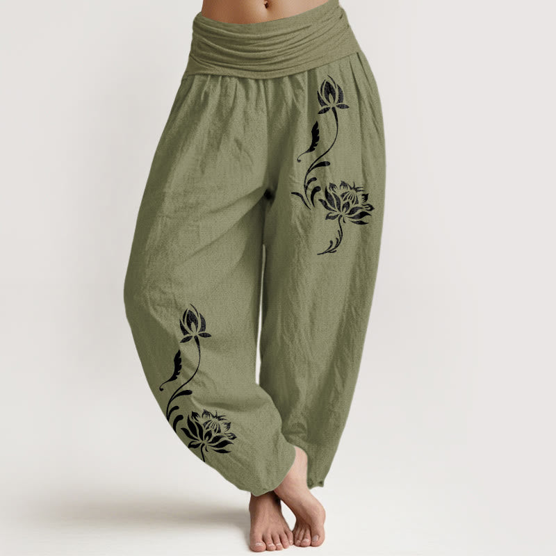 Buddha Stones Cotton Stable Lotus Petals Pattern Women's Elastic Waist Harem Pants - OliveDrab - US16，UK/AU20，EU48 (3XL) - image 14