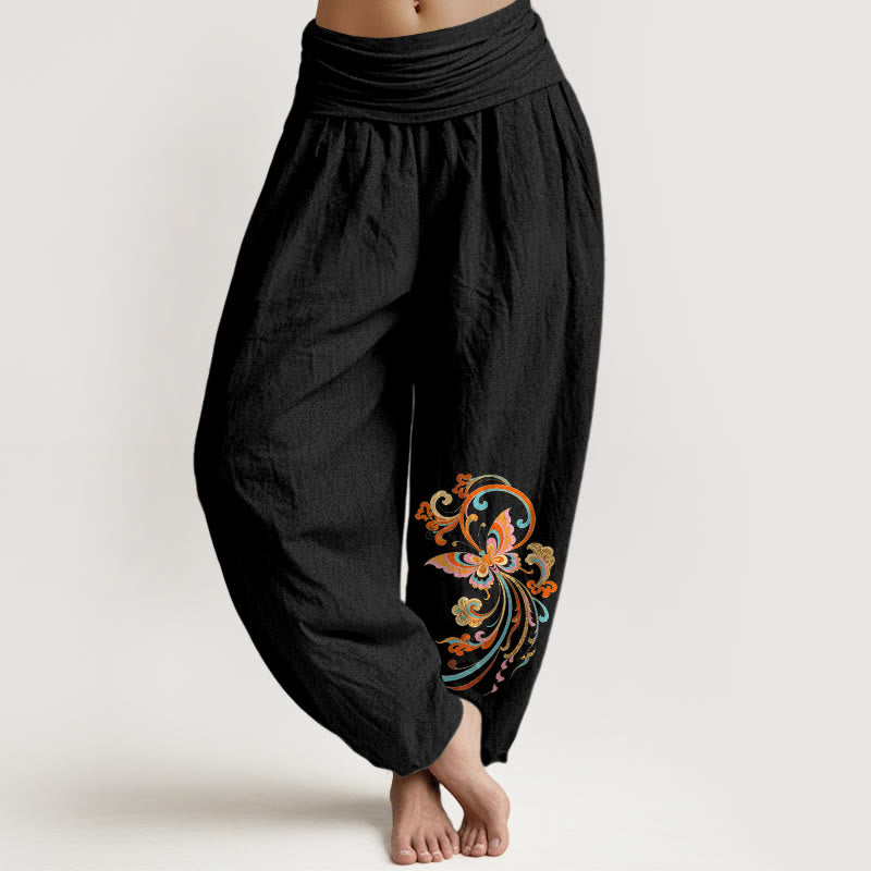 Buddha Stones Cotton Free Butterfly Auspicious Cloud Pattern Women's Elastic Waist Harem Pants - Black - US16，UK/AU20，EU48 (3XL) - image 0