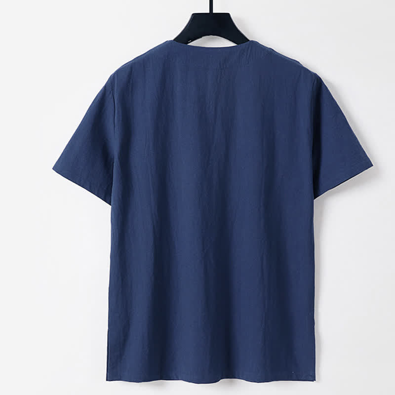 Buddha Stones Solid Color Frog-Button Short Sleeve Notched Collar Men's Cotton Linen T-Shirt - image 4