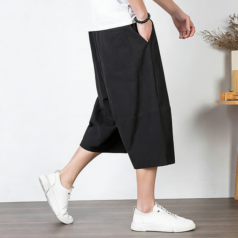 Buddha Stones Plain Drawstring Capri Length Men's Cotton Linen Harem Pants With Pockets - image 11