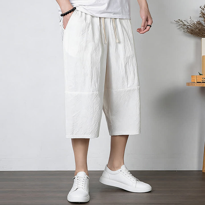 Buddha Stones Plain Drawstring Capri Length Men's Cotton Linen Harem Pants With Pockets - image 8