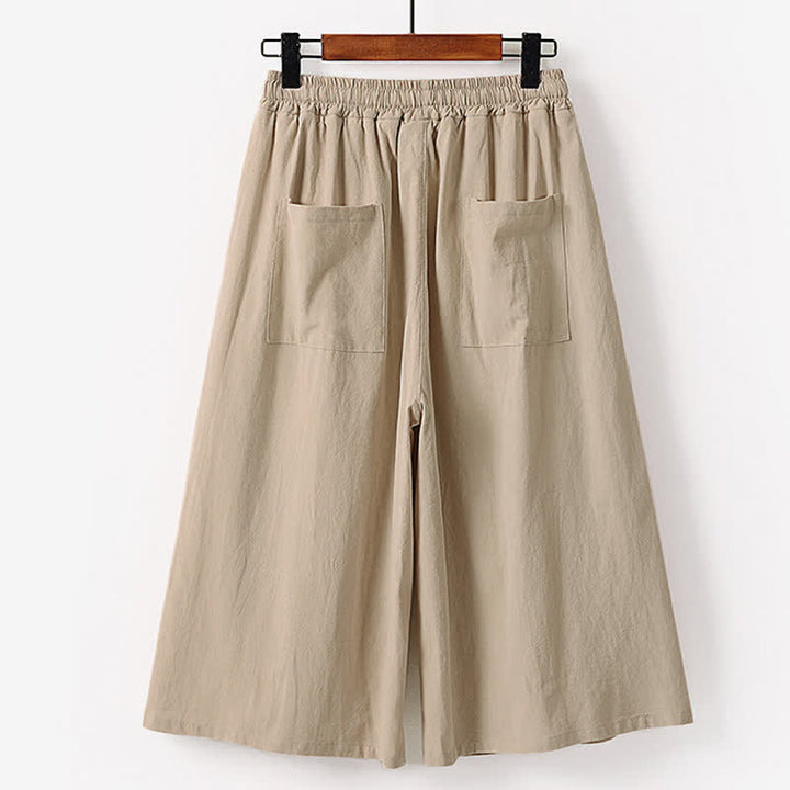 Buddha Stones Summer Embroidery Capri Length Cotton Linen Men's Wide Leg Pants With Pockets - image 5